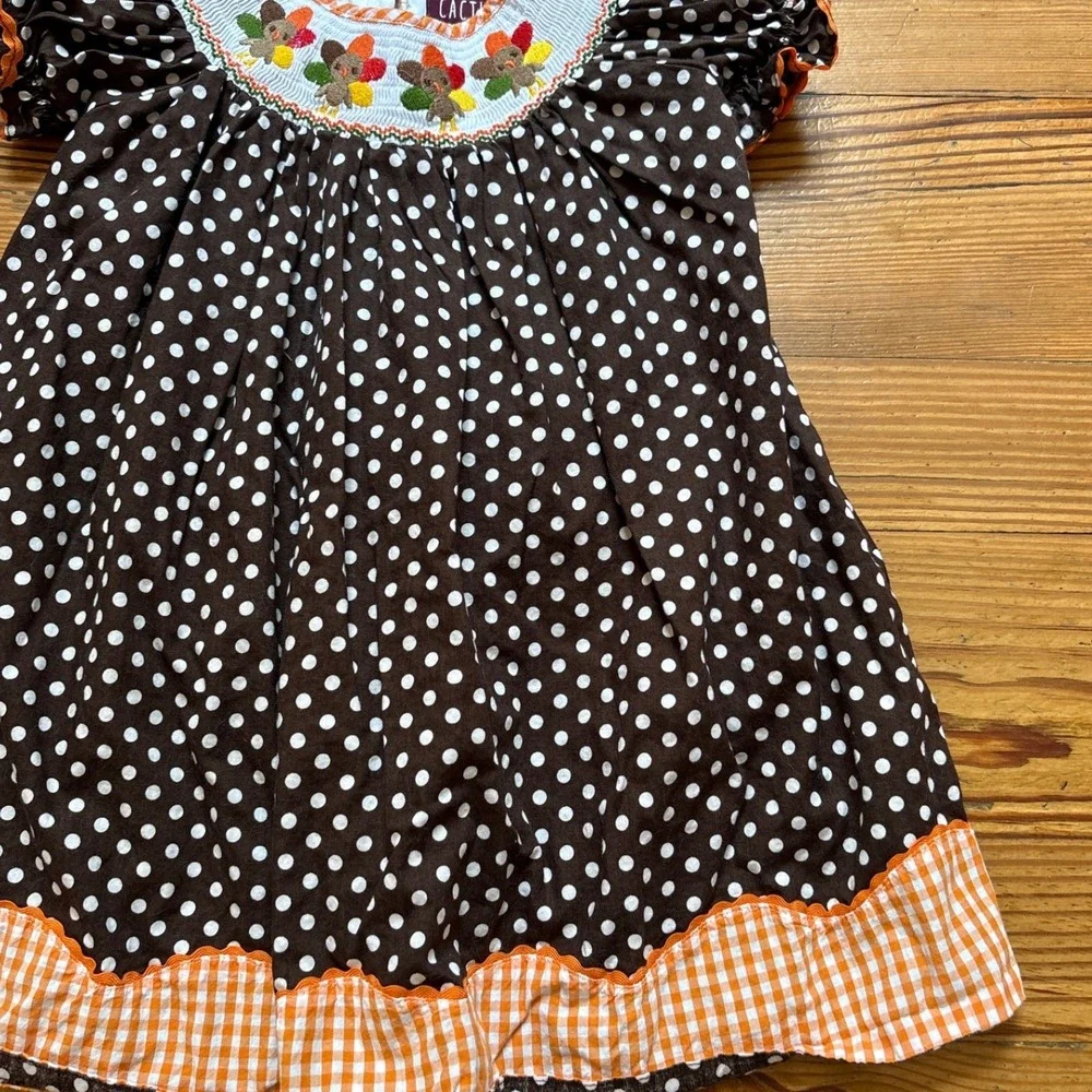 Lil Cactus Turkey Smocked Dress Toddler Brown Polka‎ Dot Gingham SIZE 2T